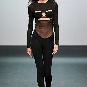 New Nensi Dojaka Draped Double Bra Fitted Jumpsuit in Black cutout sheer